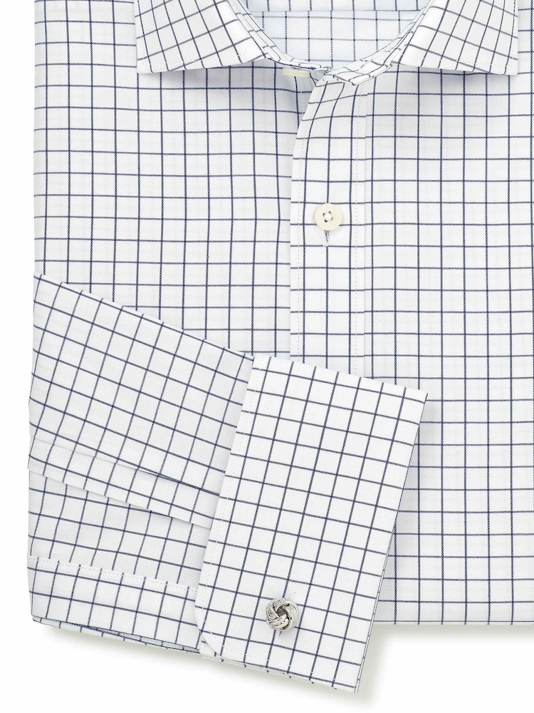 Savile Row Company Blue Slim Fit Cotton Twill Window Check Double Cuff Formal Shirt - Image 3 of 3