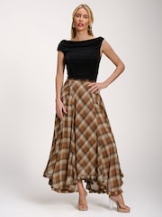 Jolie Moi Brown Checked Chiffon Hanky Hem Maxi Skirt - Image 1 of 6