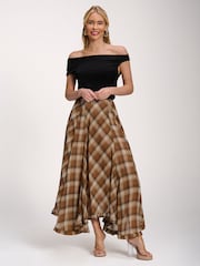Jolie Moi Brown Checked Chiffon Hanky Hem Maxi Skirt - Image 4 of 6