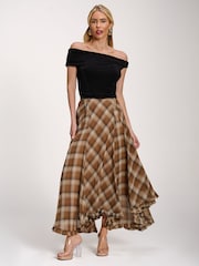 Jolie Moi Brown Checked Chiffon Hanky Hem Maxi Skirt - Image 5 of 6