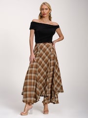 Jolie Moi Brown Checked Chiffon Hanky Hem Maxi Skirt - Image 6 of 6