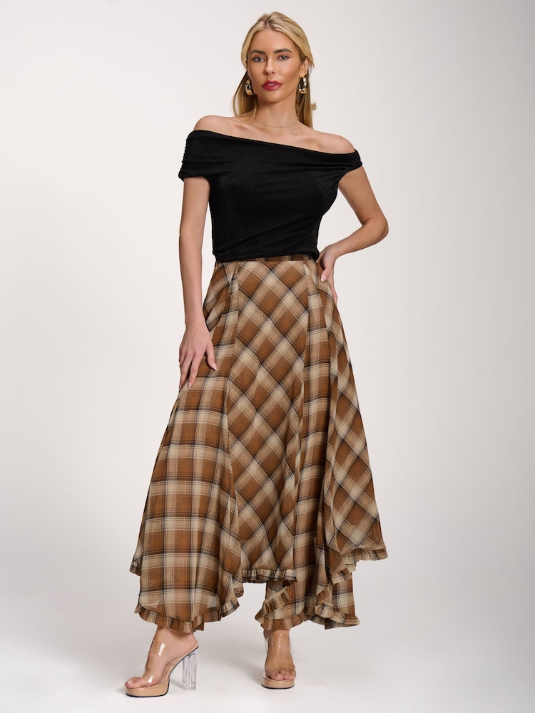 Jolie Moi Brown Checked Chiffon Hanky Hem Maxi Skirt - Image 6 of 6 Jolie Moi Brown Checked Chiffon Hanky Hem Maxi Skirt - Image 6 of 6