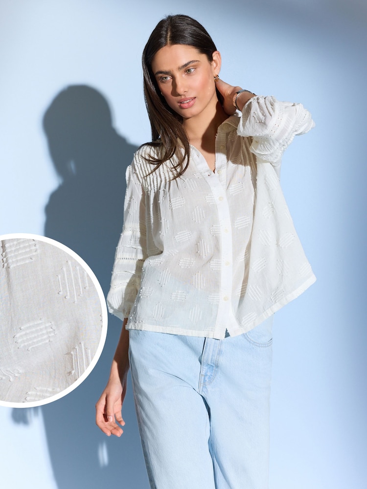 Off White 100% Cotton Textured Long Sleeve Lace Trim Shirt - Image 1 of 6