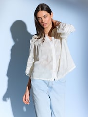 Off White 100% Cotton Textured Long Sleeve Lace Trim Shirt - Image 2 of 6