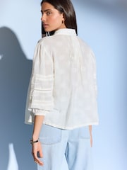 Off White 100% Cotton Textured Long Sleeve Lace Trim Shirt - Image 3 of 6