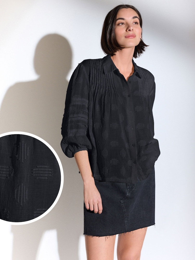 Black 100% Cotton Textured Long Sleeve Lace Trim Shirt - Image 1 of 5