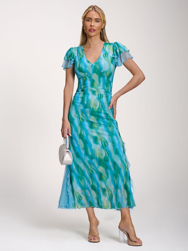 藍色 - Jolie Moi Lace Insert Mesh Midi Dress - 圖片 1/6