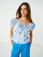 Blue Print 100% Cotton Bardot Puff Sleeve Blouse - Image 1 of 6