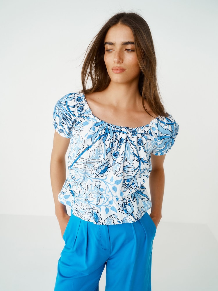 Blue Print 100% Cotton Bardot Puff Sleeve Blouse - Image 1 of 6