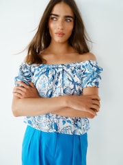 Blue Print 100% Cotton Bardot Puff Sleeve Blouse - Image 2 of 6