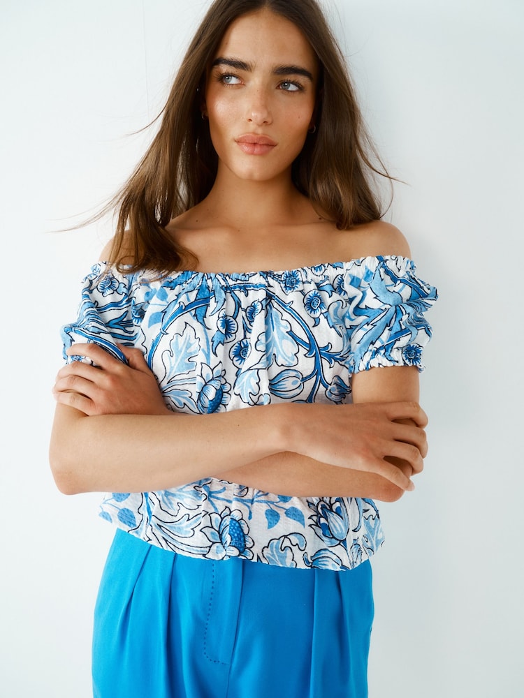 Blue Print 100% Cotton Bardot Puff Sleeve Blouse - Image 2 of 6