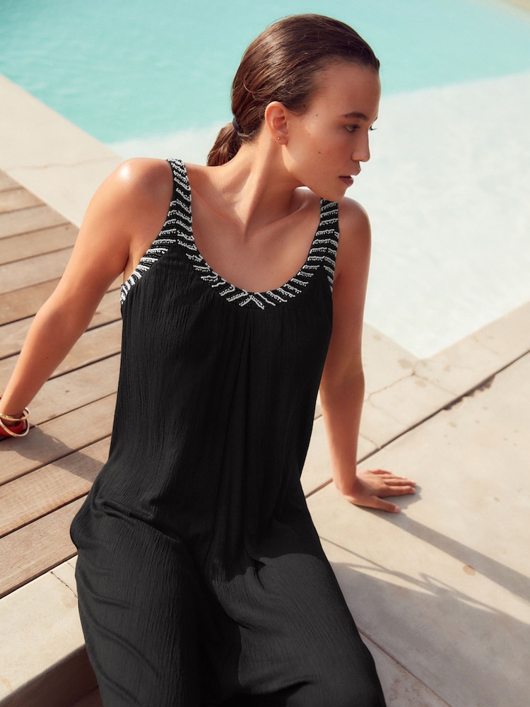 Black Sleeveless Beaded Trim Summer Wide Leg Jumpsuit - Image 2 of 6 Black Sleeveless Beaded Trim Summer Wide Leg Jumpsuit - Image 2 of 6