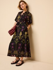 Black Floral Utility Pocket Shirt Midi Summer Dress - Image 1 of 6