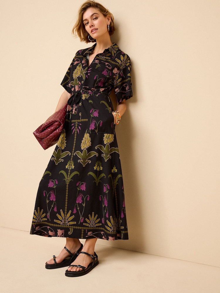 Black Floral Utility Pocket Shirt Midi Summer Dress - Image 1 of 6