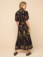 Black Floral Utility Pocket Shirt Midi Summer Dress - Image 2 of 6