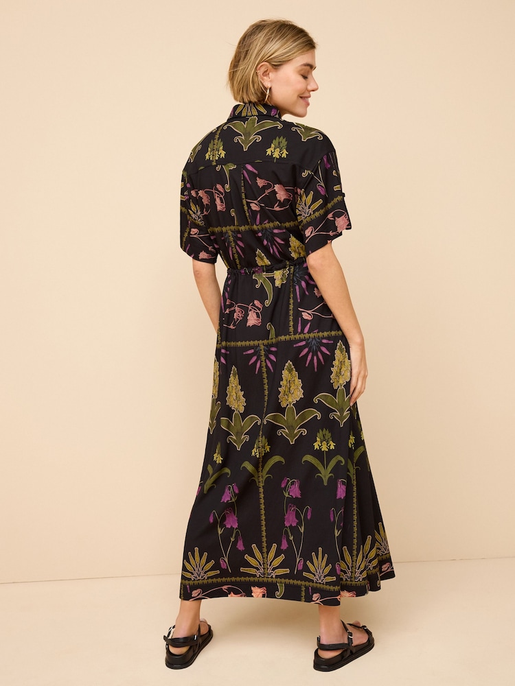 Black Floral Utility Pocket Shirt Midi Summer Dress - Image 2 of 6