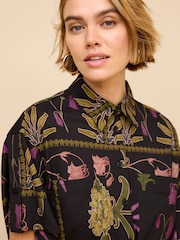 Black Floral Utility Pocket Shirt Midi Summer Dress - Image 3 of 6