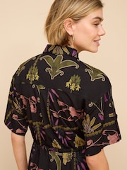 Black Floral Utility Pocket Shirt Midi Summer Dress - Image 4 of 6