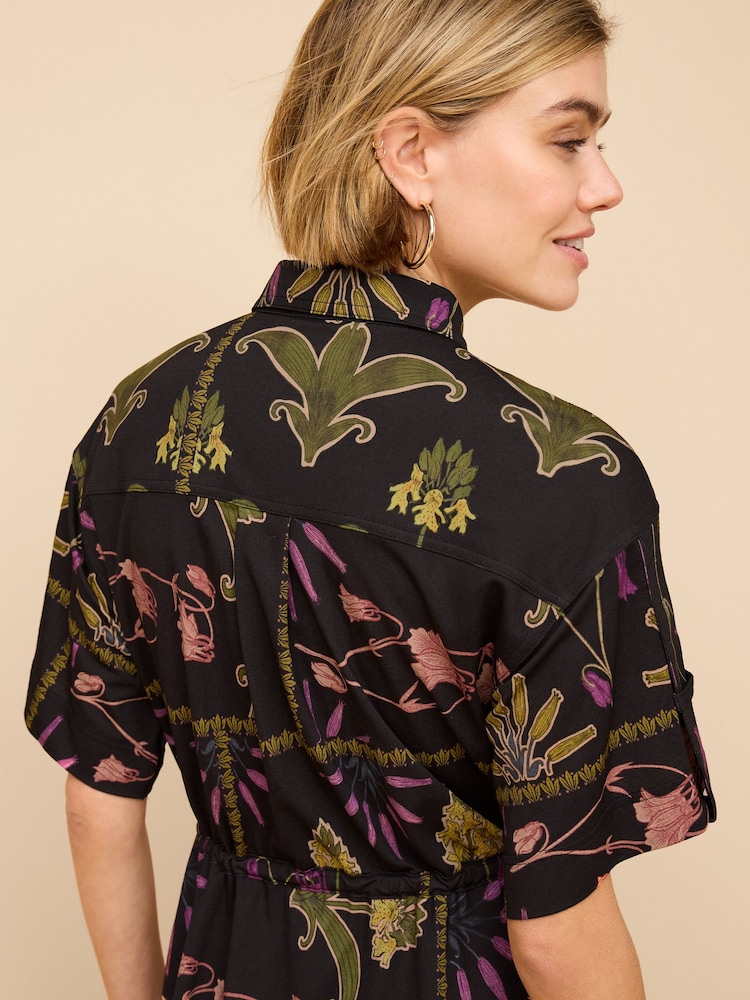 Black Floral Utility Pocket Shirt Midi Summer Dress - Image 4 of 6