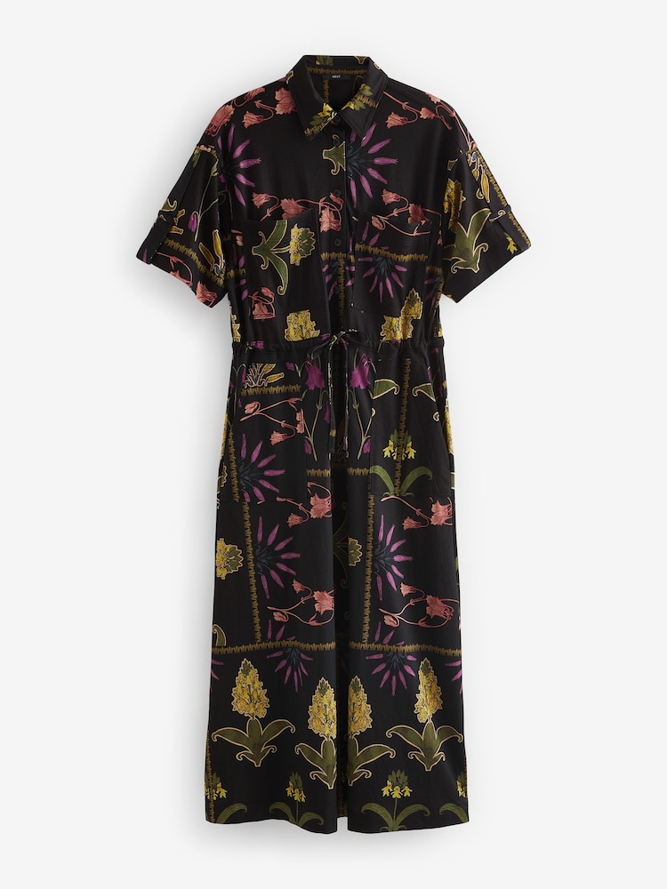 Black Floral Utility Pocket Shirt Midi Summer Dress - Image 5 of 6