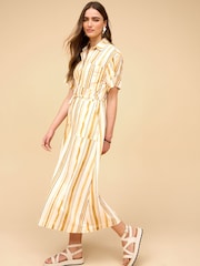 Ecru and Yellow Stripe Utility Pocket Shirt Midi Summer Dress - Image 1 of 1