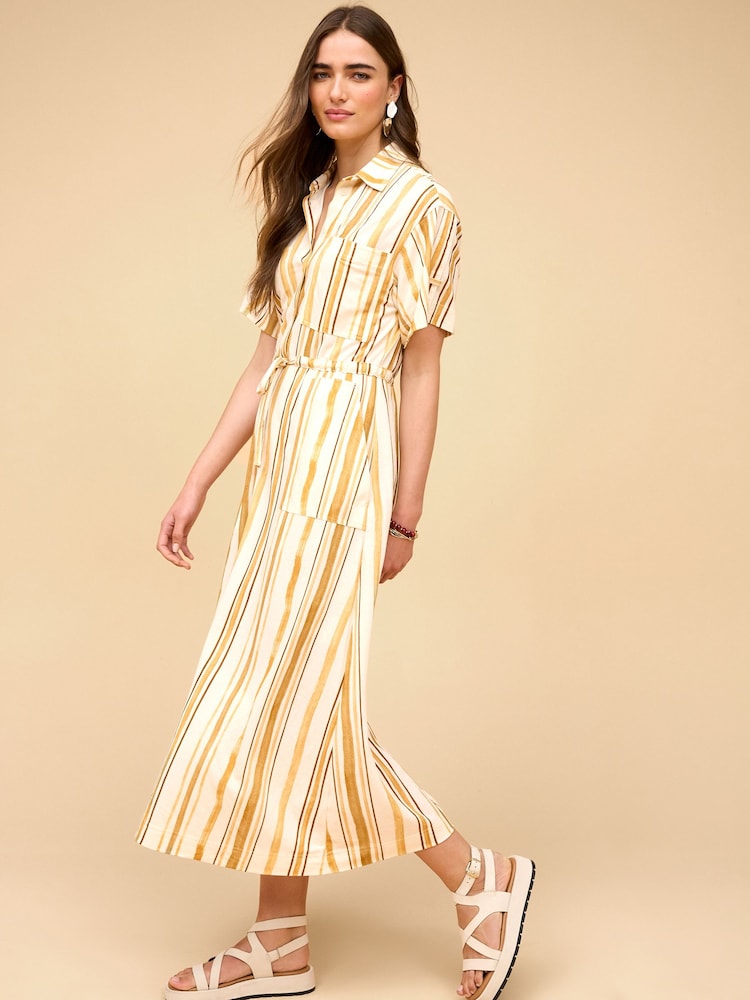 Ecru and Yellow Stripe Utility Pocket Shirt Midi Summer Dress - Image 1 of 1
