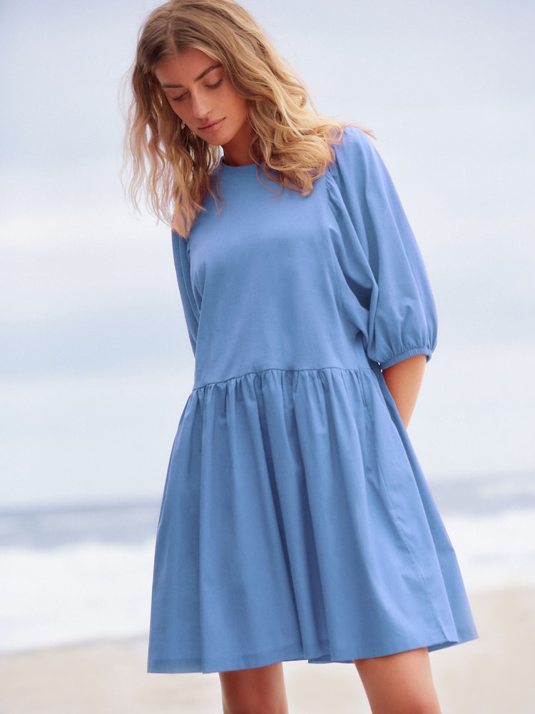 Blue 100% Cotton Puff Sleeve Mini Jersey Dress - Image 1 of 3