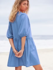 Blue 100% Cotton Puff Sleeve Mini Jersey Dress - Image 2 of 3