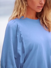 Blue 100% Cotton Puff Sleeve Mini Jersey Dress - Image 3 of 3