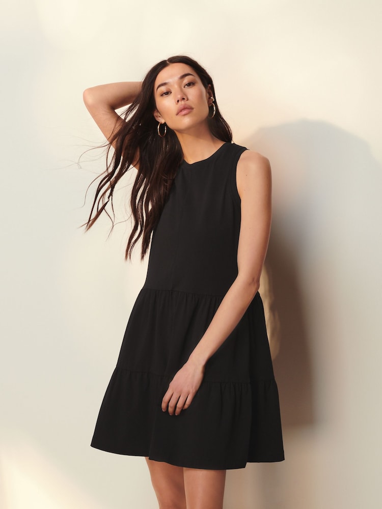 Black Sleeveless Tiered Mini Summer Jersey Dress - Image 1 of 5