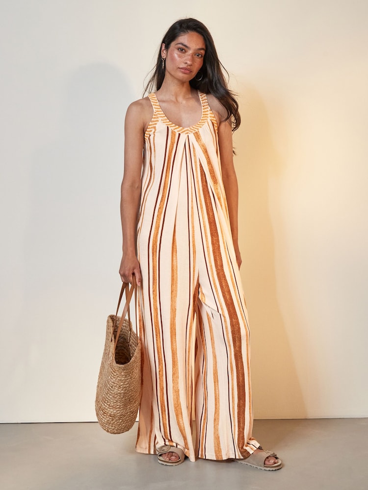Yellow/White Stripe Sleeveless Beaded Trim Summer Wide Leg Jumpsuit - Image 1 of 7 Yellow/White Stripe Sleeveless Beaded Trim Summer Wide Leg Jumpsuit - Image 1 of 7