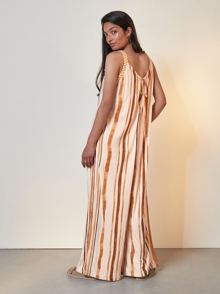 Yellow/White Stripe Sleeveless Beaded Trim Summer Wide Leg Jumpsuit - Image 2 of 7 Yellow/White Stripe Sleeveless Beaded Trim Summer Wide Leg Jumpsuit - Image 2 of 7