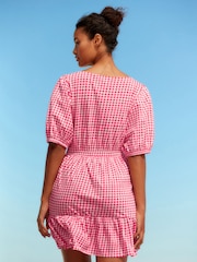 Red Gingham 100% Cotton Puff Sleeve Woven Mix Summer Dress - Image 3 of 7