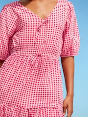 Red Gingham 100% Cotton Puff Sleeve Woven Mix Summer Dress - Image 5 of 7