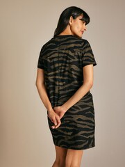 Khaki Green Zebra Animal Print 100% Cotton Crew Neck Short Sleeve T-Shirt Dress - Image 2 of 5