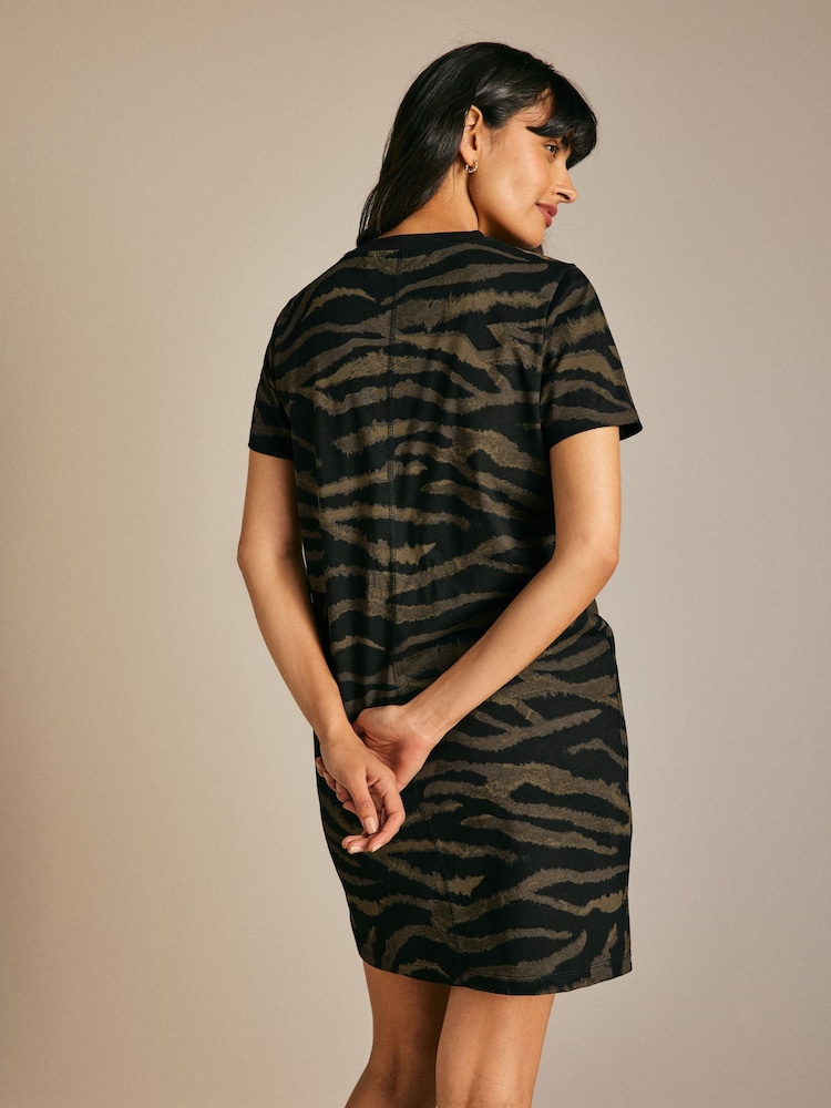 Khaki Green Zebra Animal Print 100% Cotton Crew Neck Short Sleeve T-Shirt Dress - Image 2 of 5