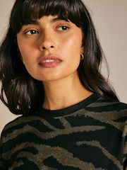 Khaki Green Zebra Animal Print 100% Cotton Crew Neck Short Sleeve T-Shirt Dress - Image 3 of 5
