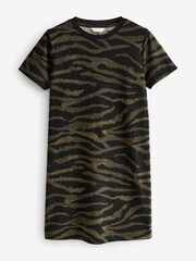 Khaki Green Zebra Animal Print 100% Cotton Crew Neck Short Sleeve T-Shirt Dress - Image 4 of 5