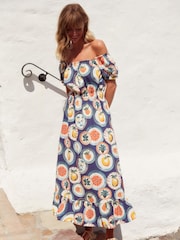 Blue 100% Cotton Bardot Puff Sleeve Jersey Summer Dress - Image 1 of 5