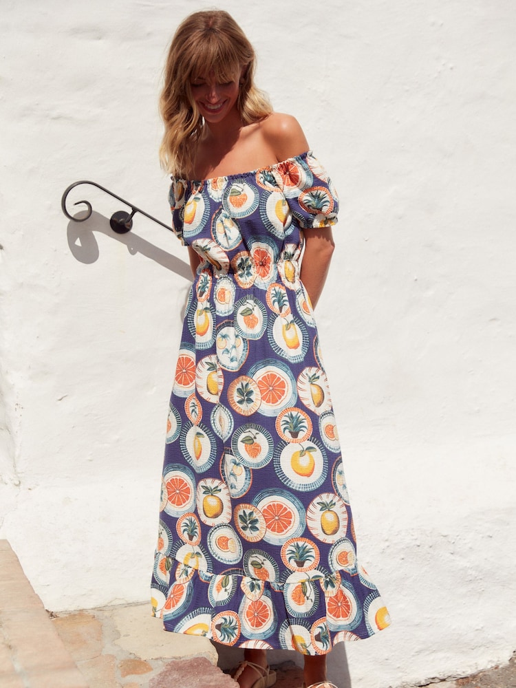 Blue 100% Cotton Bardot Puff Sleeve Jersey Summer Dress - Image 1 of 5