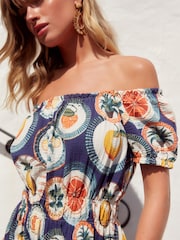 Blue 100% Cotton Bardot Puff Sleeve Jersey Summer Dress - Image 3 of 5
