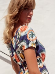 Blue 100% Cotton Bardot Puff Sleeve Jersey Summer Dress - Image 4 of 5