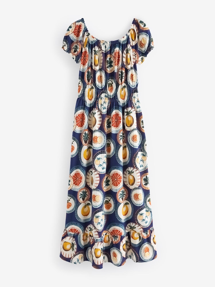 Blue 100% Cotton Bardot Puff Sleeve Jersey Summer Dress - Image 5 of 5