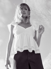 White 100% Cotton Lace Trim Flutter Sleeve Summer Holiday Top - Image 1 of 6
