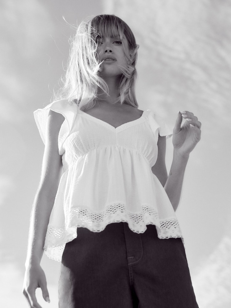 White 100% Cotton Lace Trim Flutter Sleeve Summer Holiday Top - Image 1 of 6