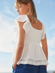 White 100% Cotton Lace Trim Flutter Sleeve Summer Holiday Top - Image 2 of 6
