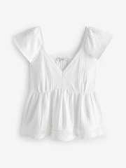 White 100% Cotton Lace Trim Flutter Sleeve Summer Holiday Top - Image 5 of 6