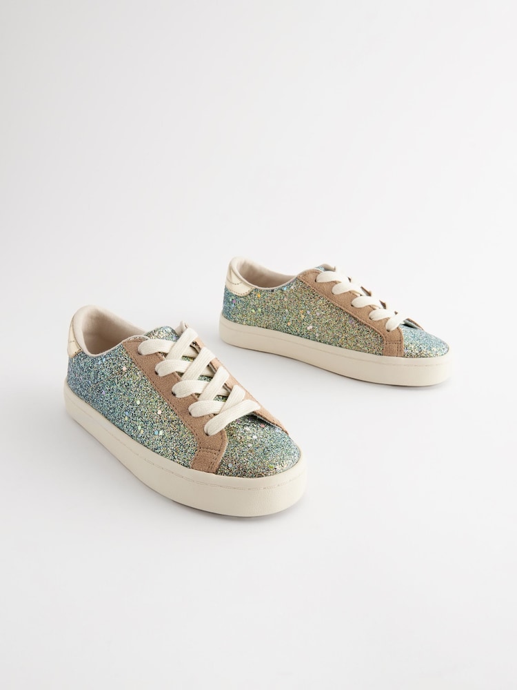 Bronze Glitter Lace Up Lowtop Trainers - Image 1 of 5