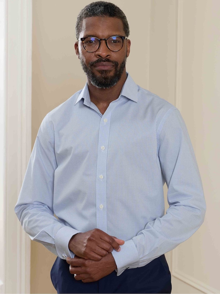 Savile Row Company Blue Slim Fit Cotton Poplin Mini Check Double Cuff Formal Shirt - Image 1 of 5 Savile Row Company Blue Slim Fit Cotton Poplin Mini Check Double Cuff Formal Shirt - Image 1 of 5