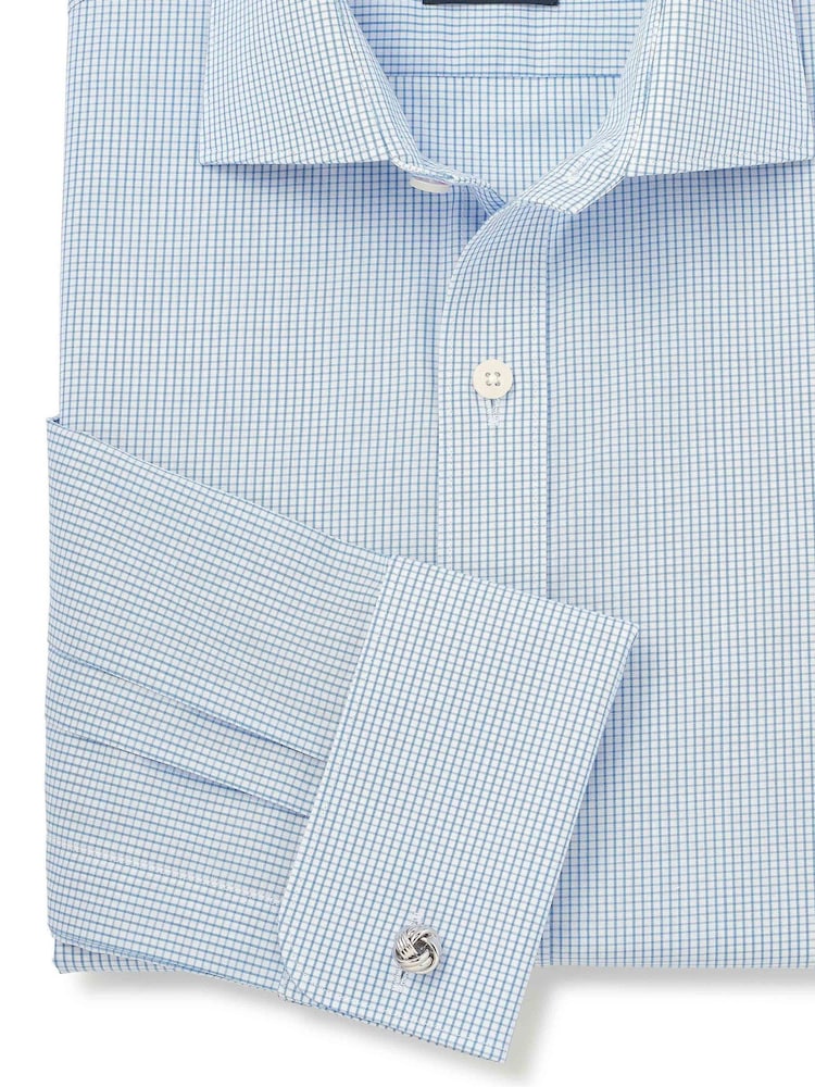 Savile Row Company Blue Slim Fit Cotton Poplin Mini Check Double Cuff Formal Shirt - Image 5 of 5 Savile Row Company Blue Slim Fit Cotton Poplin Mini Check Double Cuff Formal Shirt - Image 5 of 5
